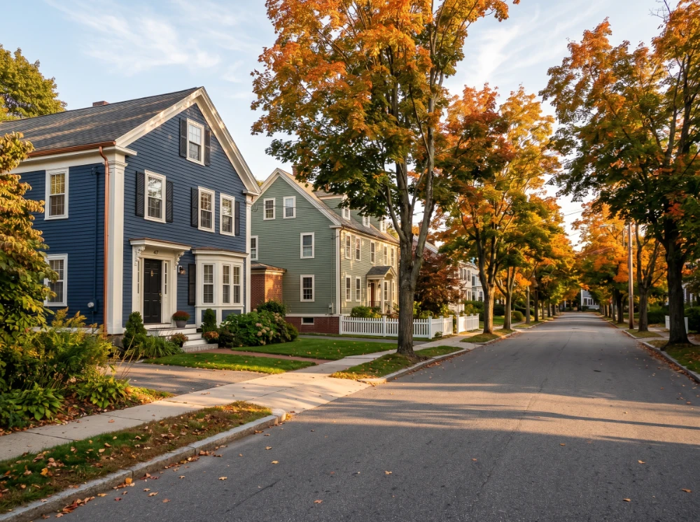 Coastal street in Gloucester, MA on Cape Ann with classic New England homes