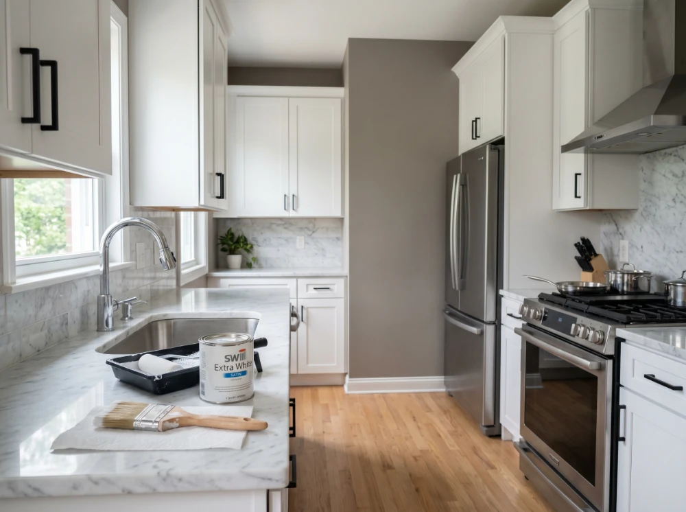 Modern kitchen with freshly painted white shaker cabinets
