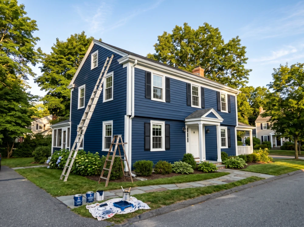 Classic New England colonial home with freshly painted navy blue facade