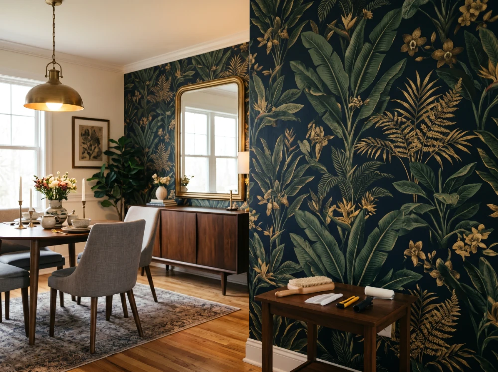Elegant dining room accent wall with bold botanical pattern wallpaper